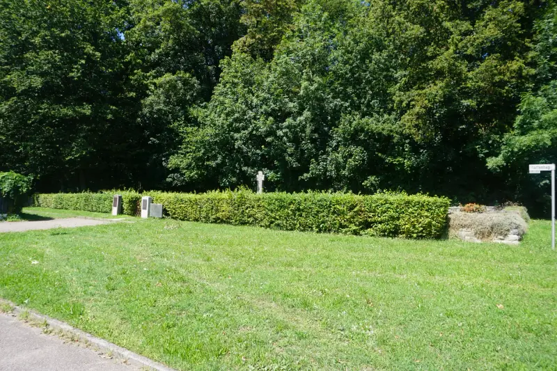 KZ Friedhof Kochendorf otoczony żywopłotem na skraju lasu, widok z. drogi — KZ-Friedhof Kochendorf Cmentarz ofiar obozu w Bad Friedrichshall